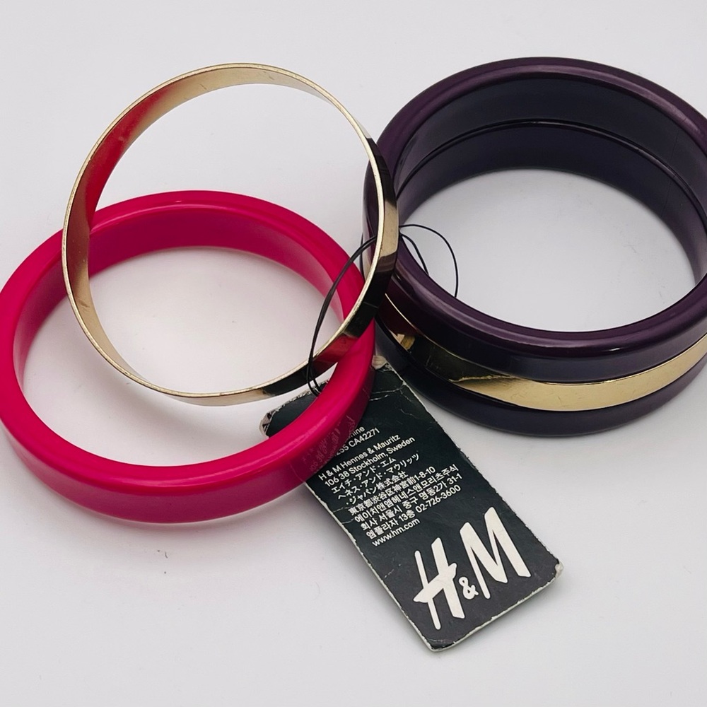 Set of 3 NWT Statement Bangle Bracelets Purple Pink and Gold Tone